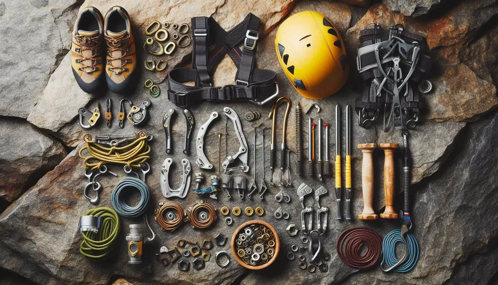 A flat lay of essential aid climbing gear, including harness, ascenders, aiders, cams, nuts, carabiners, and helmet on a rugged surface.