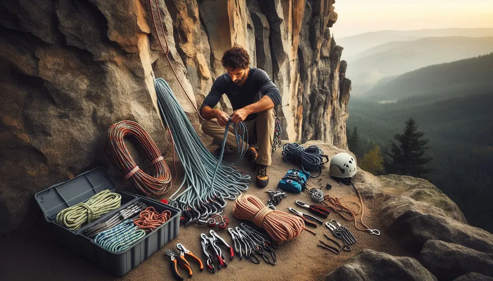 A climber organizing ropes and belay devices at the base of a cliff, with gear laid out neatly nearby.