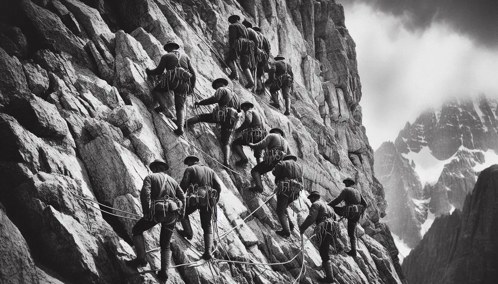 A black-and-white photo of early climbers ascending a steep, rocky mountain face in the Alps, using basic gear such as ropes, spikes, and wooden boots. The scene captures the rugged and primitive nature of early climbing.