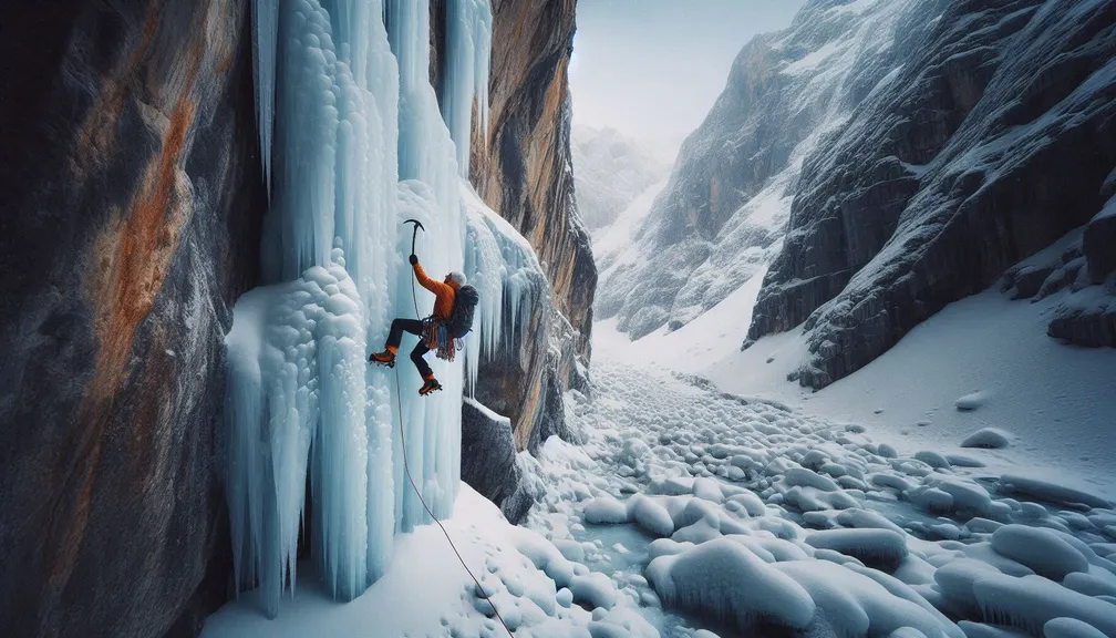 A climber scaling a frozen waterfall with ice axes and crampons, surrounded by snow-covered cliffs in an alpine environment. The scene should highlight the challenging conditions of ice climbing and the climber’s use of specialized tools.