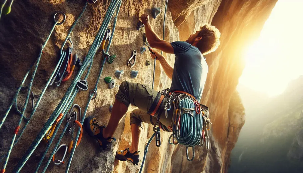 A climber using a rope and harness for safety while ascending a vertical rock face. The image should highlight the climber’s technique as they place gear and prepare to clip into the rope, emphasizing that the rope is for safety, not assistance.