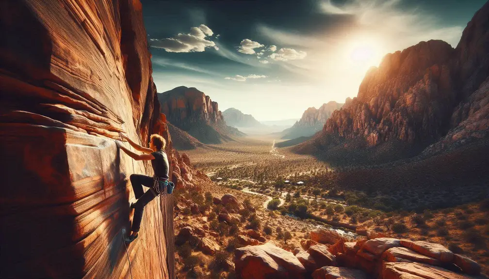 A climber outdoors, scaling a rock face at Red Rock Canyon, surrounded by desert landscapes. The image should convey the beauty and challenge of outdoor free climbing, with the natural surroundings adding to the experience.