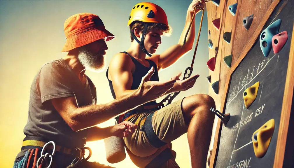 A climber participating in a professional climbing course, with an instructor guiding them on techniques and safety practices. The image should highlight the educational aspect of climbing and the expert training involved in climbing schools.