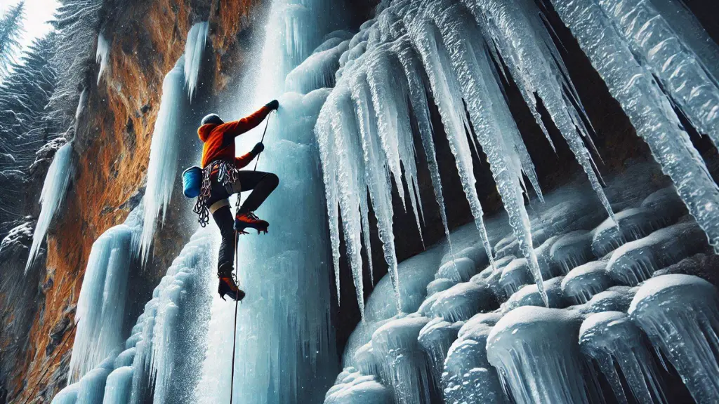 A climber scaling a frozen waterfall, with sharp icicles hanging around, showcasing the beauty and challenge of water ice climbing.